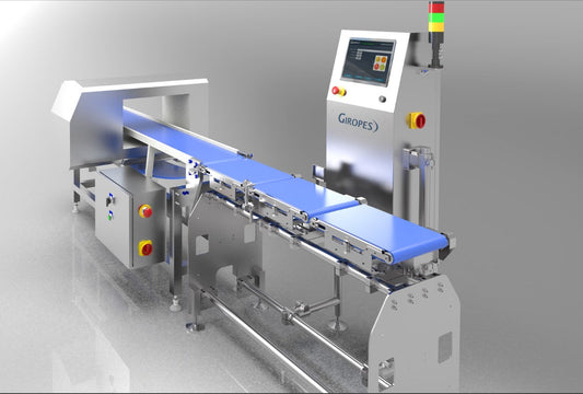 Moderne checkweger controleert verpakte producten op gewicht in voedselproductielijn