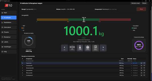 WeightControl Formula software dashboard voor receptuurwegen en formulatiewegen