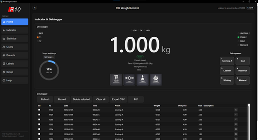 WeightControl Base weegsoftware screenshot met gewichtsweergave en interface voor weegschalen en weegapparatuur